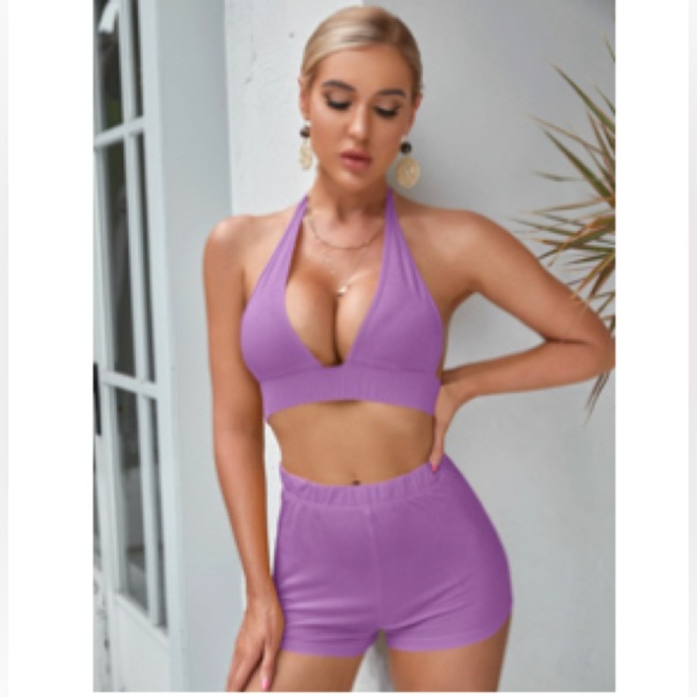Light Lavender Purple 2 Piece Halter Top & Short Set